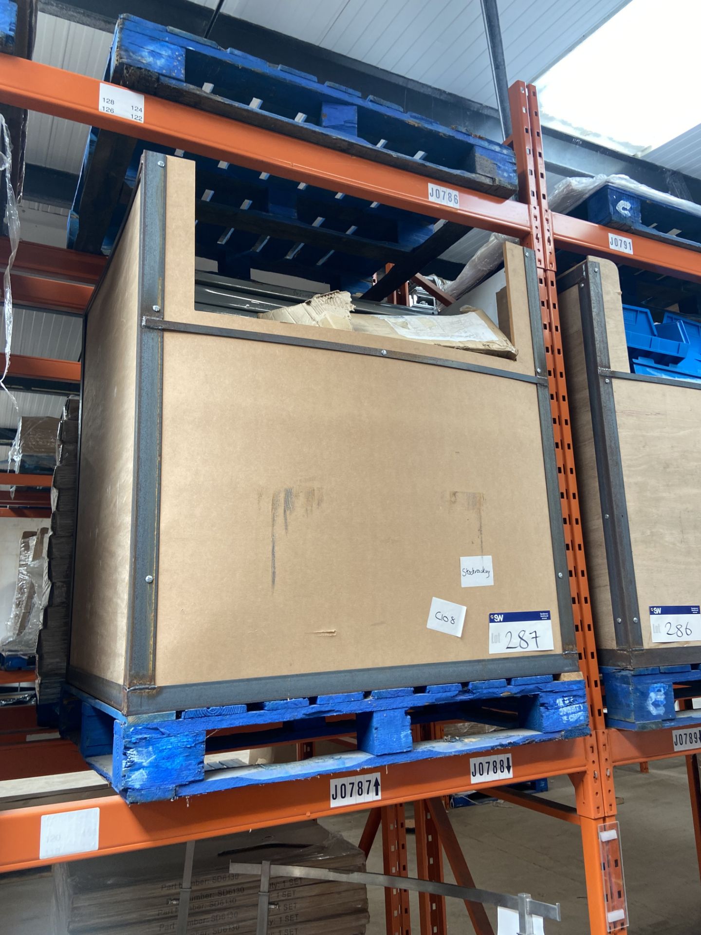 Steel Framed Product Box, with contents including steel shelf and shelving components, C108 (J0787),