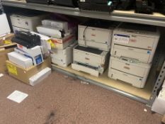 Quantity of Label & Laser Printers, with toner cartridges, as set out on racks throughout store