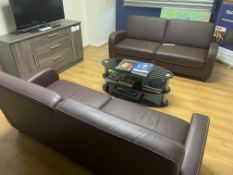 Two x Three Seater Brown Leather Effect Sofas, with glass coffee tablePlease read the following