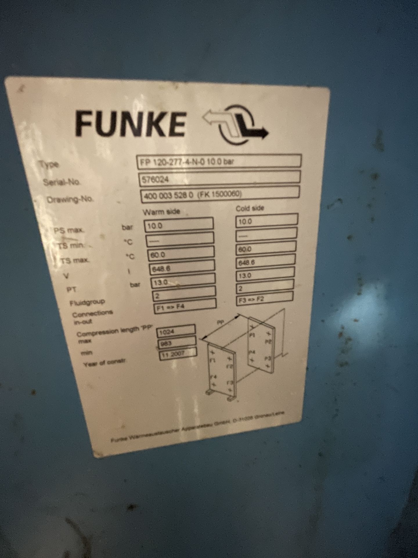 Funke FP 120-277-4-N-0 10.0 BAR PLATE HEAT EXCHANGER, serial no. 576024, year of manufacture 2007 ( - Image 2 of 3