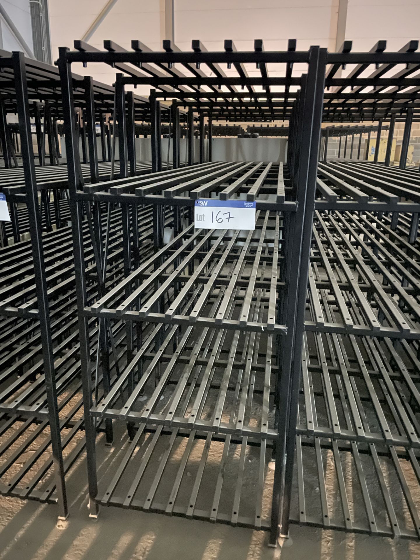 Six Bay Five Tier Welded Steel Rack (formerly used for UPS equipment), approx. 3.3m x 840mm x 1.