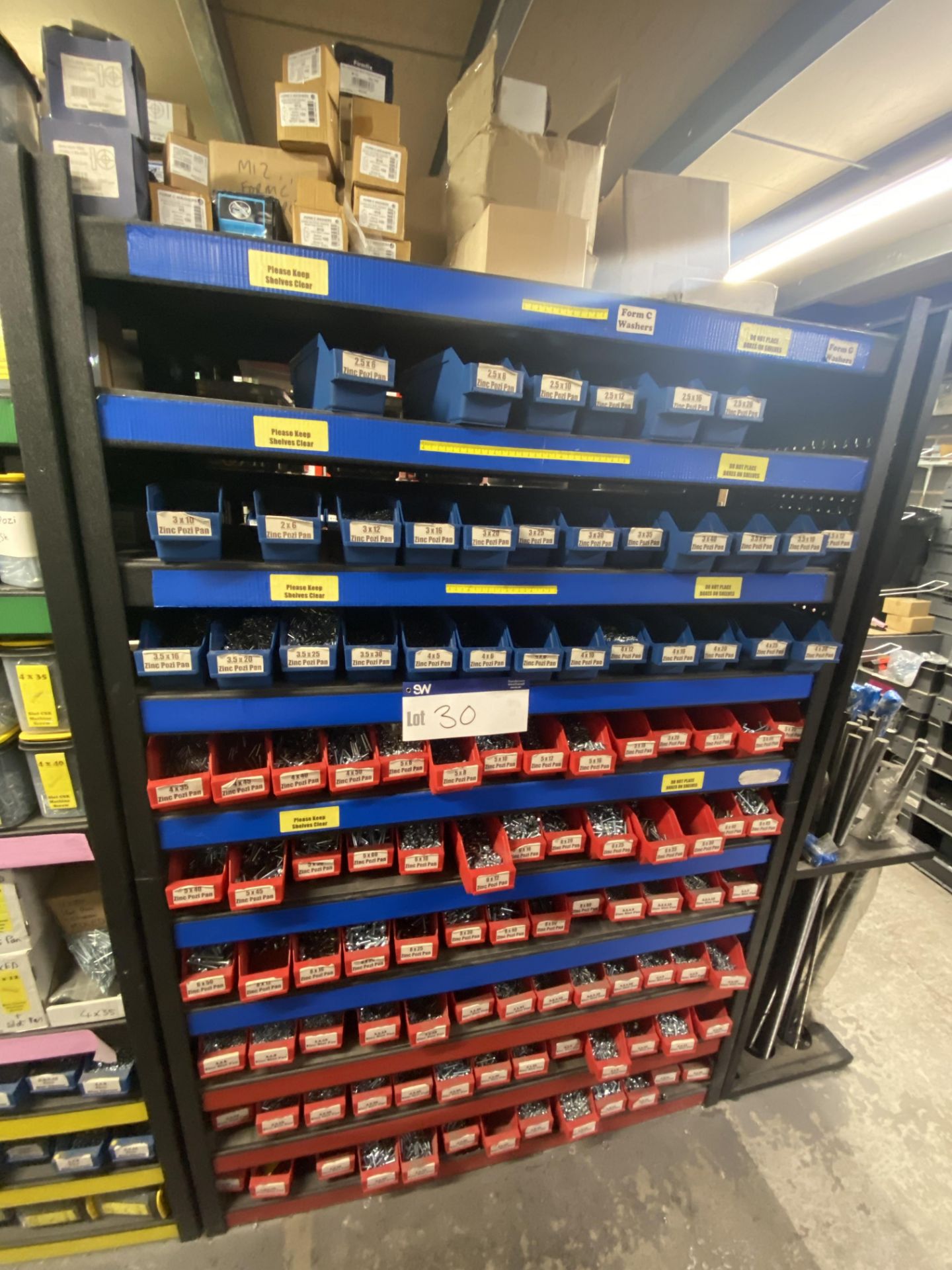 Quantity of Zinc Machine Screws, with plastic stacking bins, as set out on one bay of rack (rack