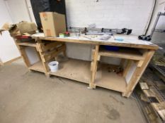 Timber Bench/ Trolley, approx. 1.95m x 950mm, with contents including wood screws, resin, camera