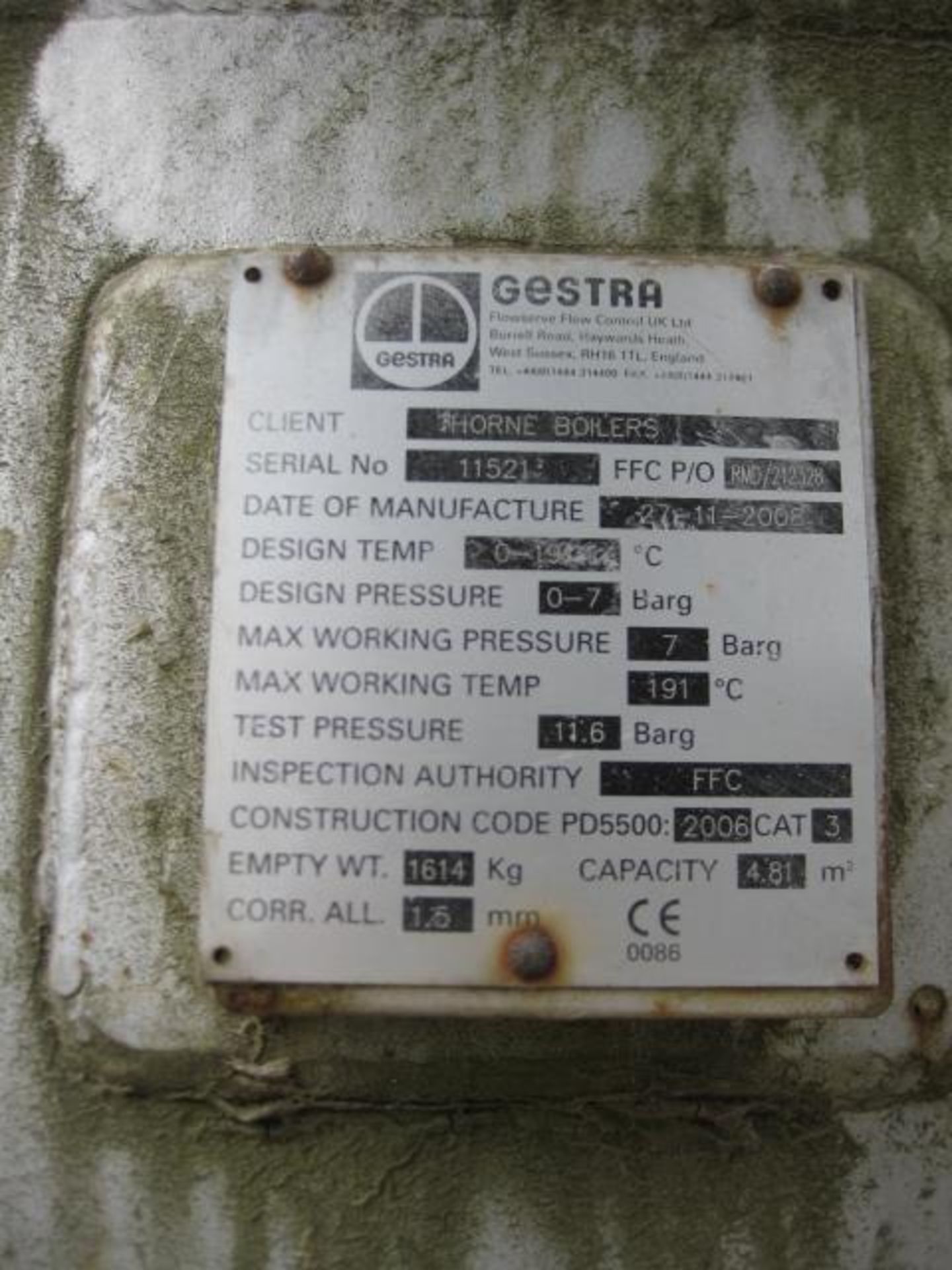 Gestra Mild Steel Cylindrical Pressure Vessel, on legs, serial no. 11521 FFC P/O RMD 212328, year of - Image 3 of 3