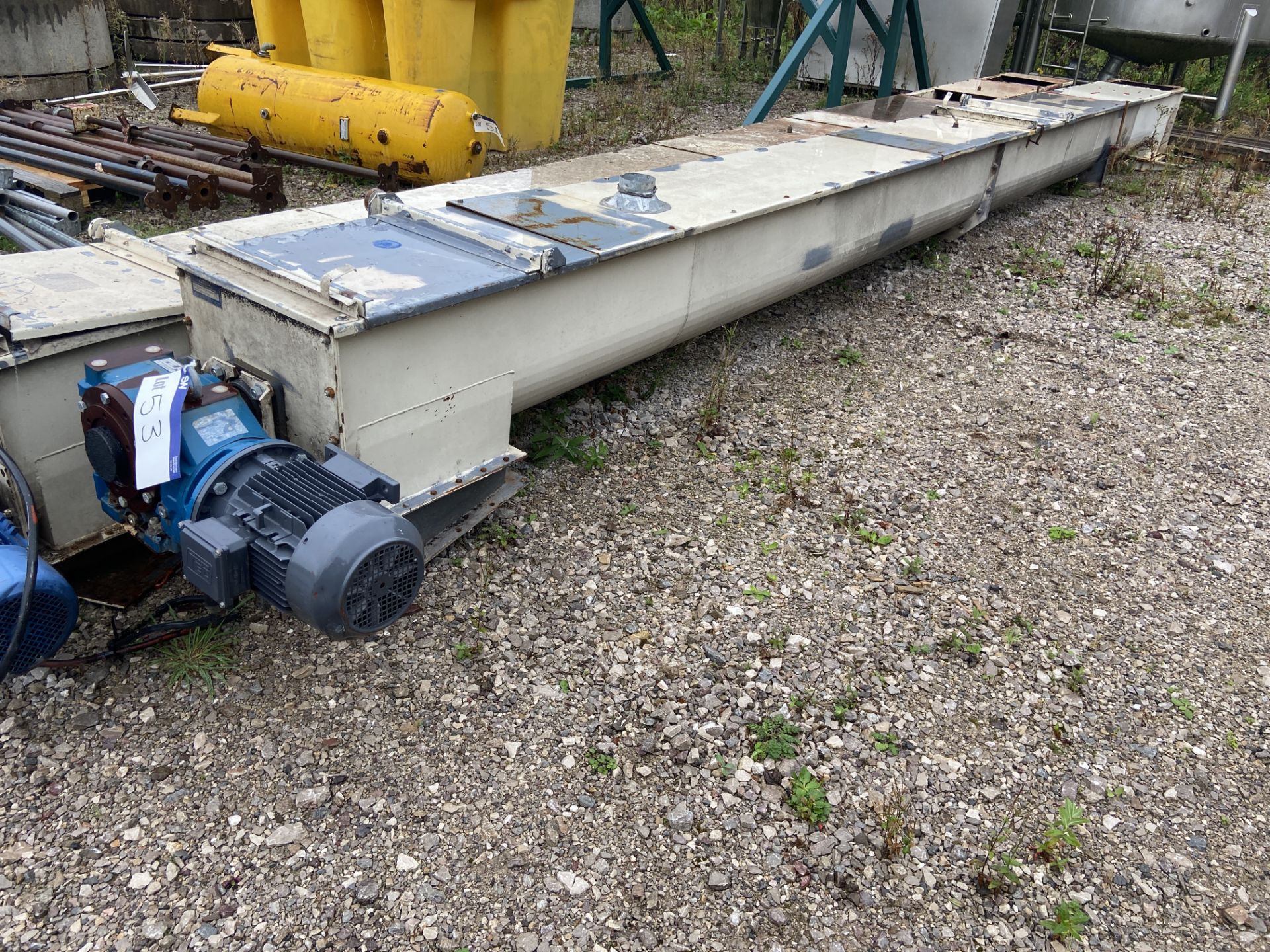 Carier Steel Cased Screw Conveyor, year of manufacture 2000, approx. 7.5m x 420mm, with TEC electric