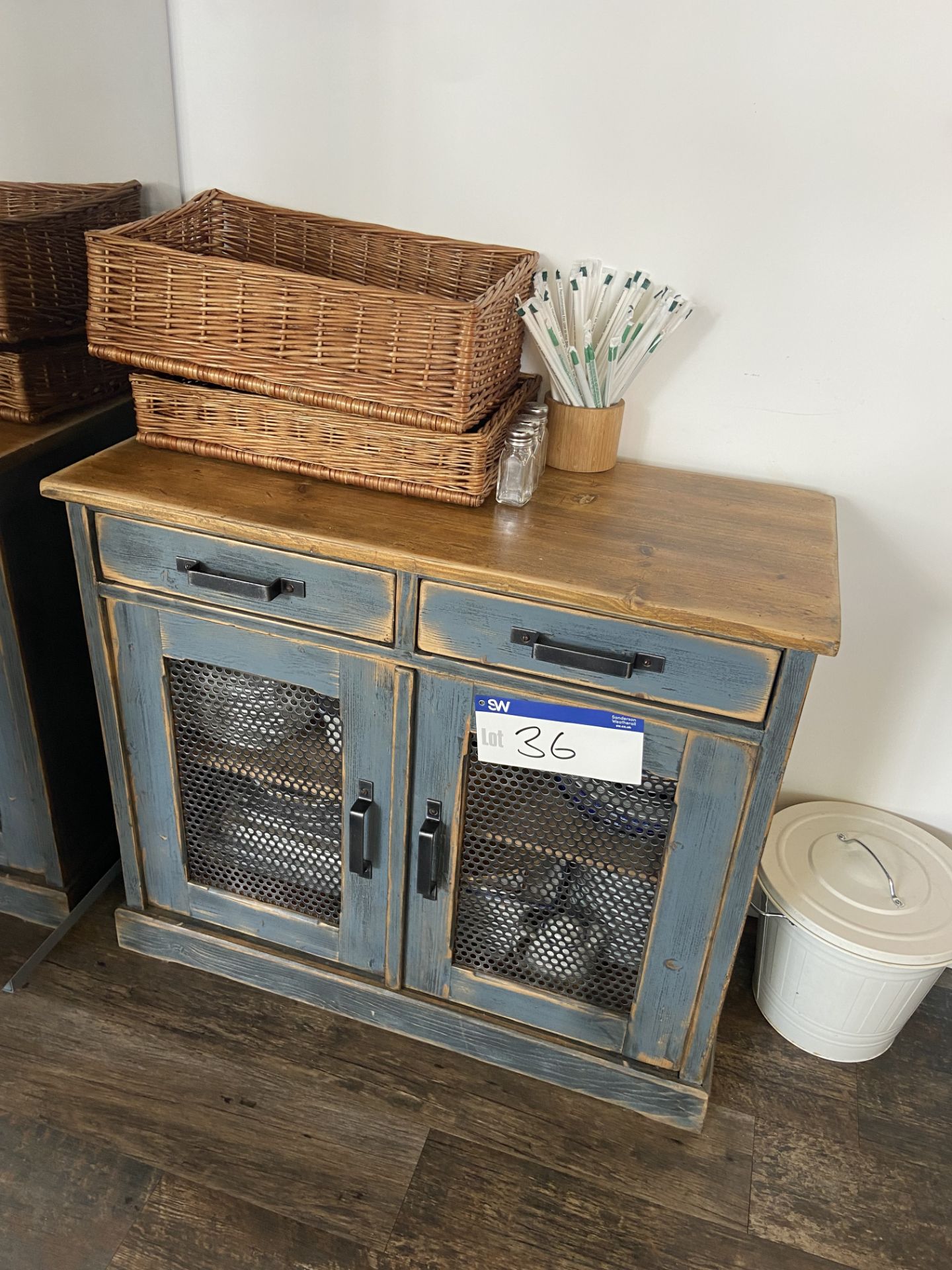 Double Door Timber Cabinet, approx. 970mm x 440mm, with assorted crockery and wicker baskets