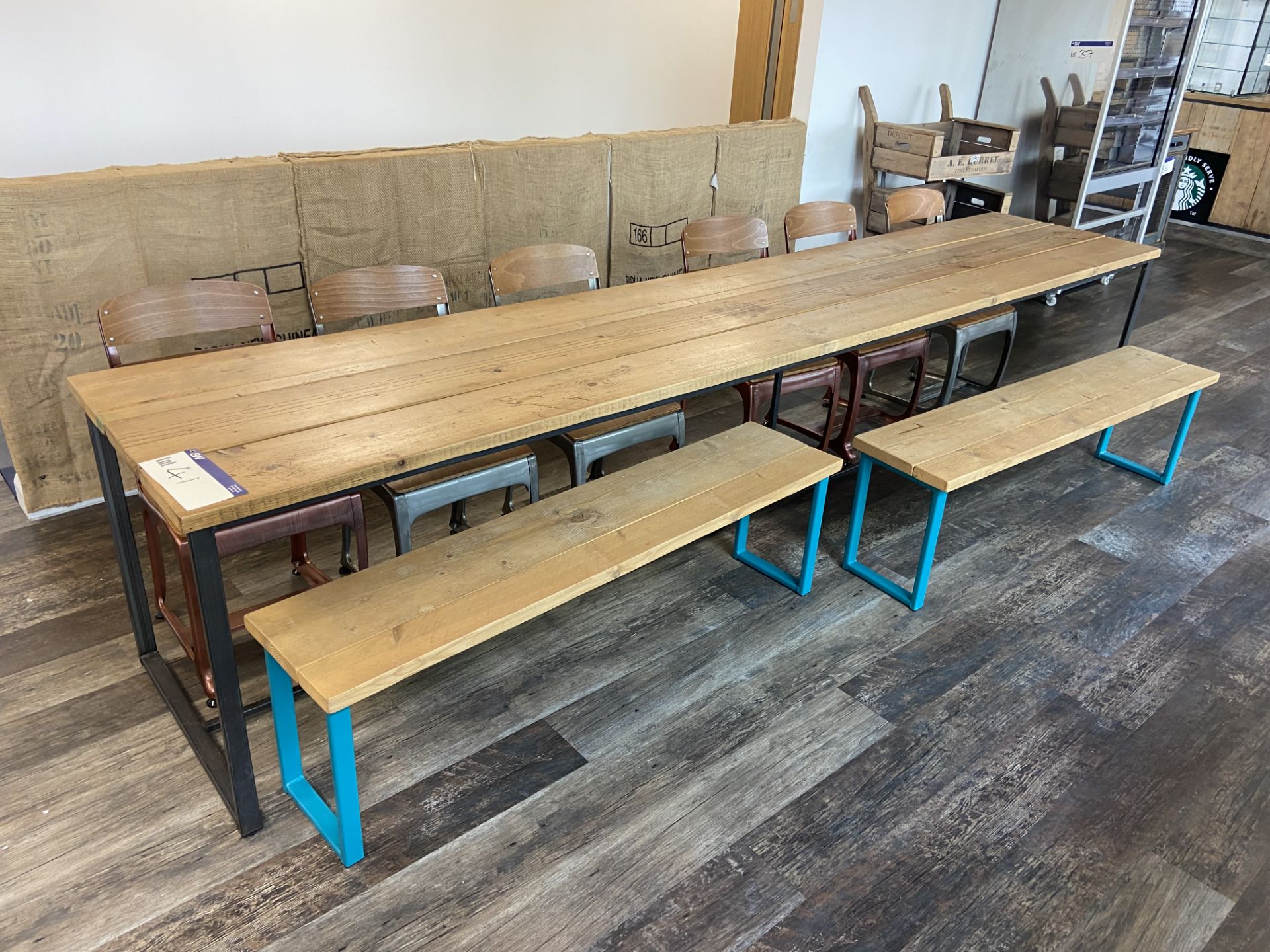 Steel Framed Laminated Top Dining Table, approx. 3.5m x 700mm x 750mm high, with six steel framed