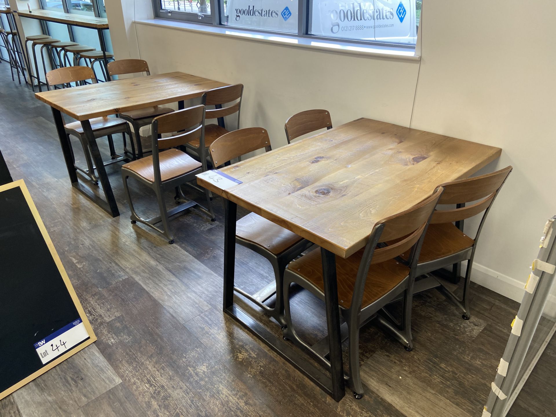 Two Steel Framed Laminated Top Dining Tables, each approx. 800mm x 1.2m, with eight steel framed