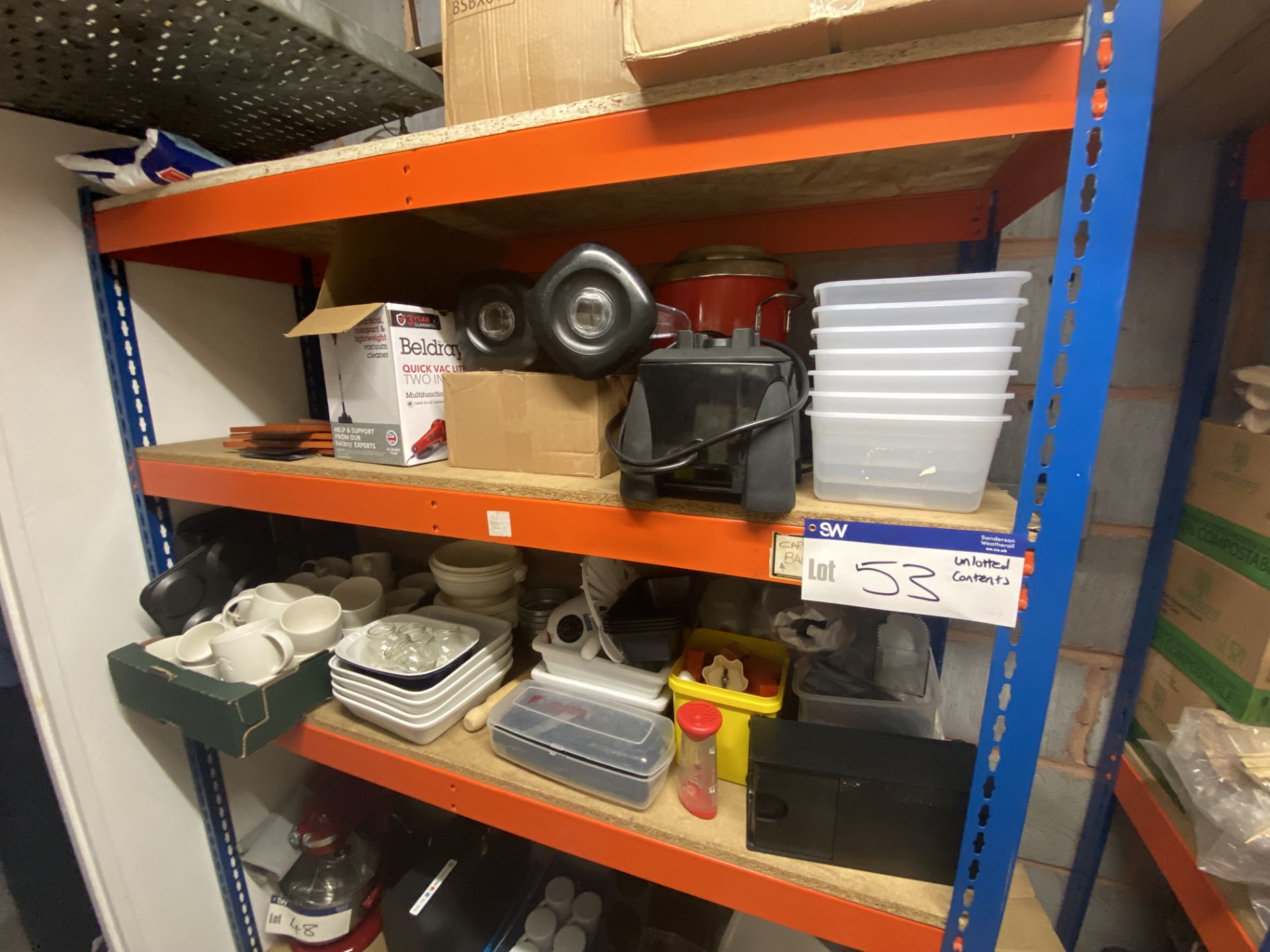 Contents of Rack, including blenders, crockery, glassware, till system, kitchen utensils, disposable