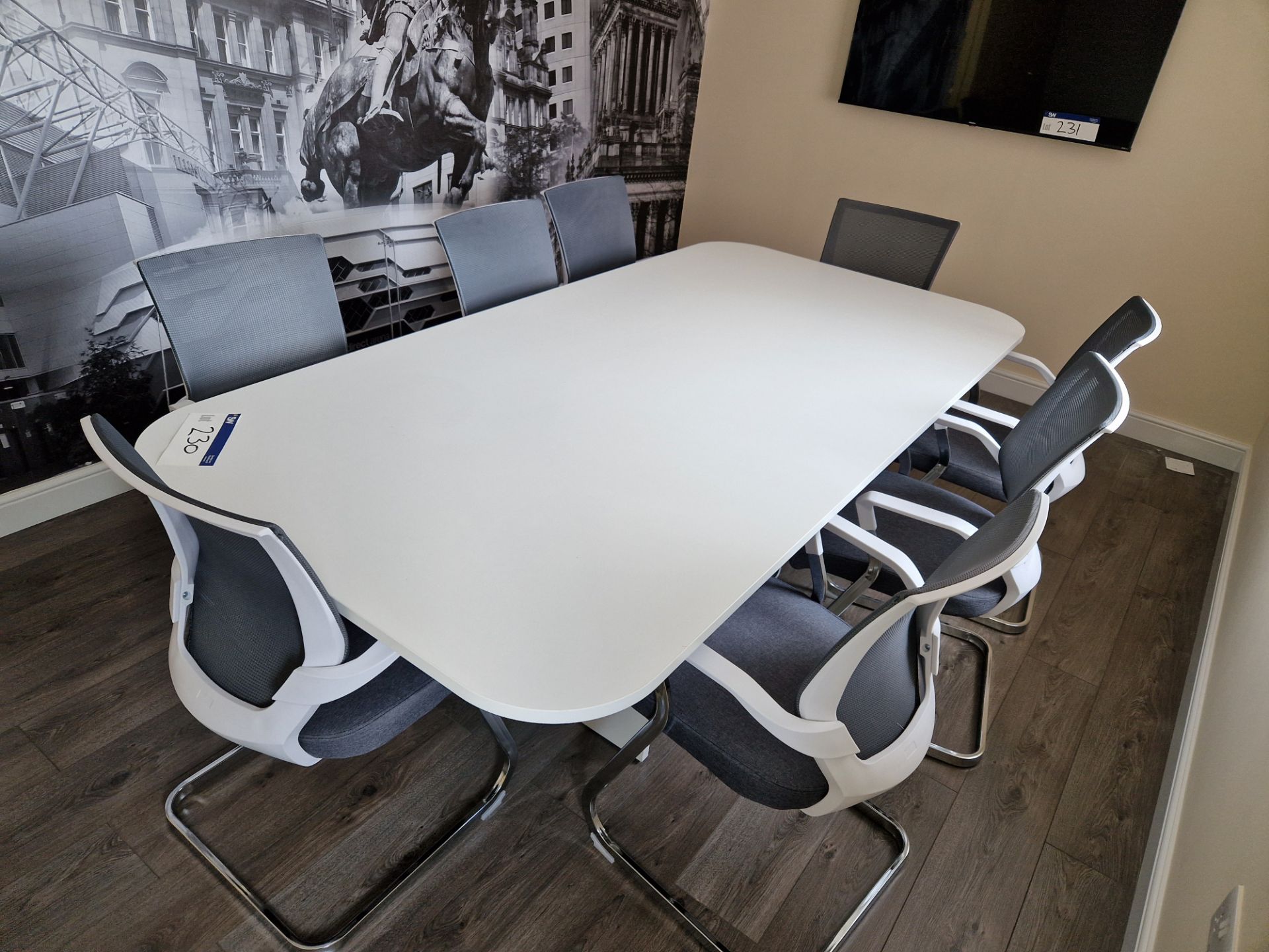 Rectangular Meeting Table , approx. 2.4m x 1.2m x 0.7m, with eight mesh back metal framed chairs - Image 2 of 3