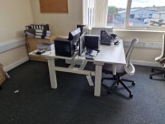 OMT Height Adjustable Back-to-Back Desk, approx. 1.60m x 1.65m x 0.7m, with one white fabric