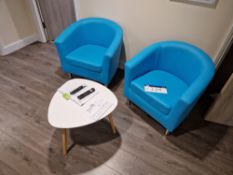 Two Blue Leatherette Tub Chairs and Egg Shaped Coffee Table Please read the following important
