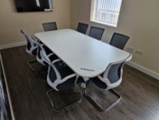 Rectangular Meeting Table , approx. 2.4m x 1.2m x 0.7m, with eight mesh back metal framed chairs