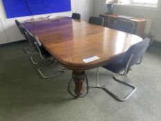 Oval Shaped Meeting Table, approx. 3.3m x 1.5m, with seven fabric upholstered stand chairs Please