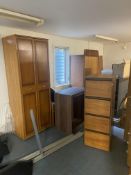Assorted Office Furniture, including oak laminated double door cabinets, shelving units, sliding