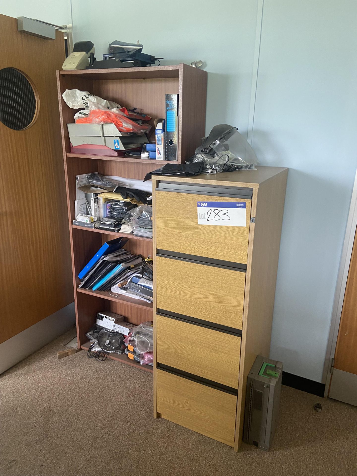 Oak Laminated Four Drawer Filing Cabinet, with steel framed table and shelving unit Please read