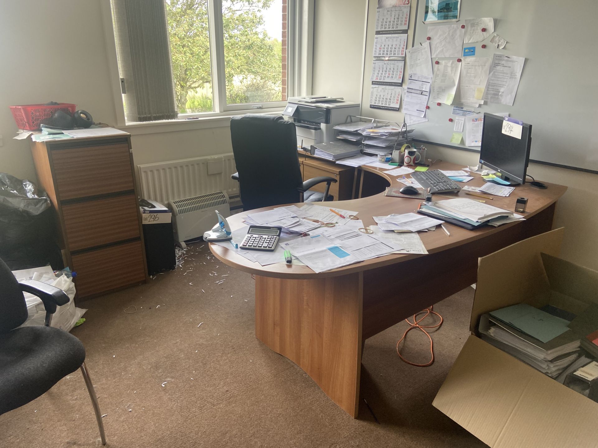 Two Curved Oak Laminated Desks/ Tables, with two x three drawer filing cabinets, two desk pedestals, - Image 2 of 3