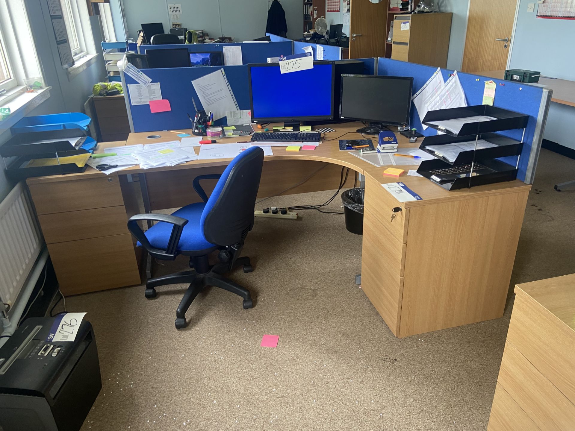 Curved Front Oak Laminated Cantilever Framed Desk, with two desk pedestals, two acoustic walls and