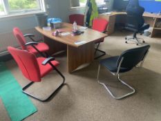 Oak Laminated Meeting Table, approx. 1.6m long, with five fabric upholstered armchairs Please read