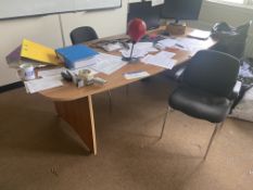 Two Curved Oak Laminated Desks/ Tables, with two x three drawer filing cabinets, two desk pedestals,