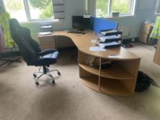 Curved Front Oak Laminated Cantilever Framed Desk, with desk pedestal, curved shelving unit,