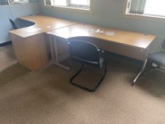 Two Curved Front Light Oak Laminated Cantilever Framed Desks, with desk pedestal and two fabric