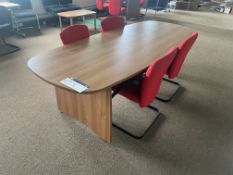 Oval Shaped Oak Laminated Meeting Table, approx. 3.4m long, with four fabric upholstered stand