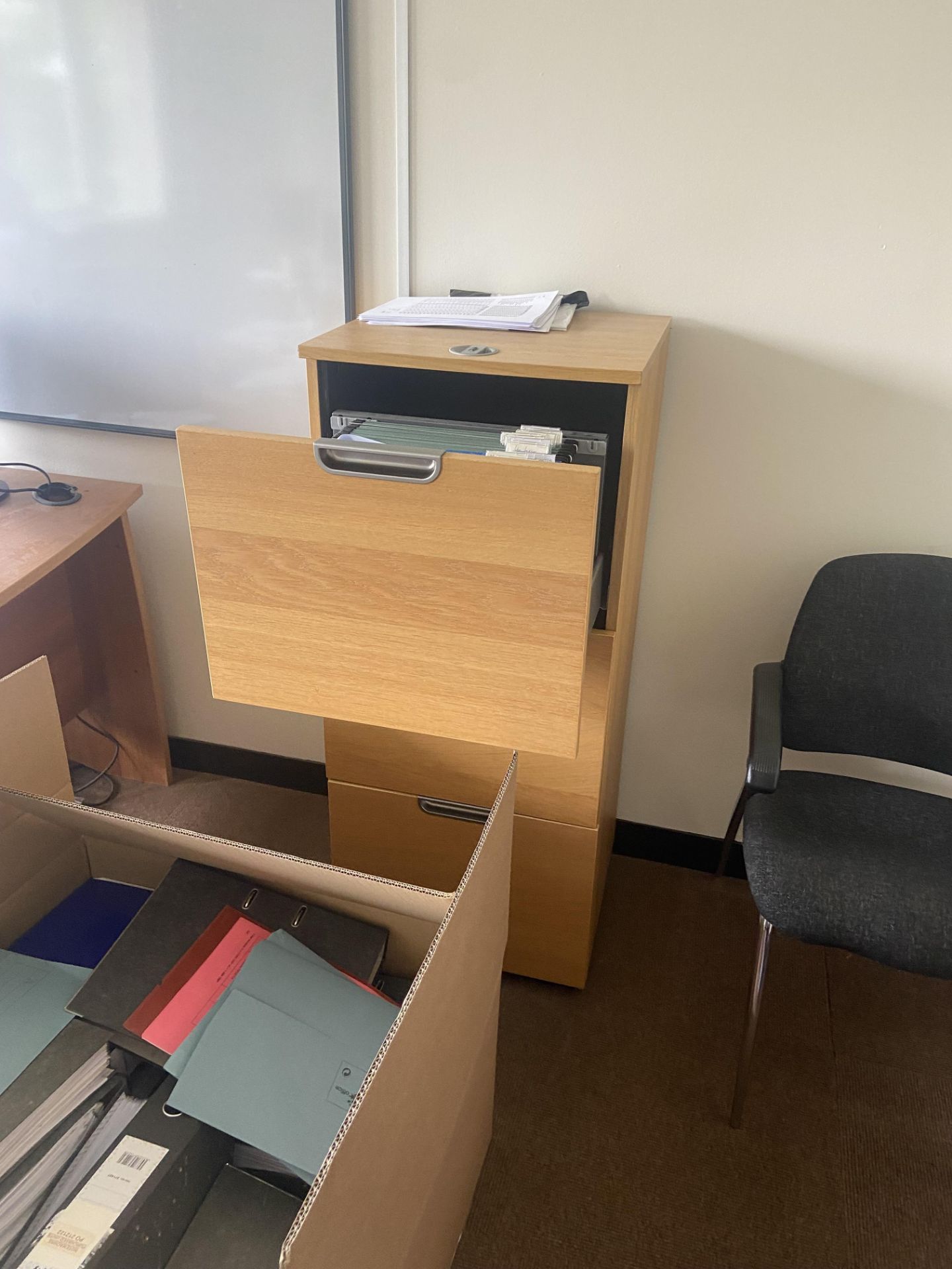 Two Curved Oak Laminated Desks/ Tables, with two x three drawer filing cabinets, two desk pedestals, - Image 3 of 3
