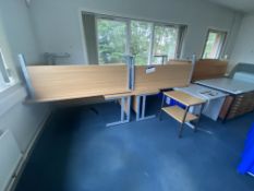 Office Furniture, in one area, including six oak laminated desks, curved shelving unit and double