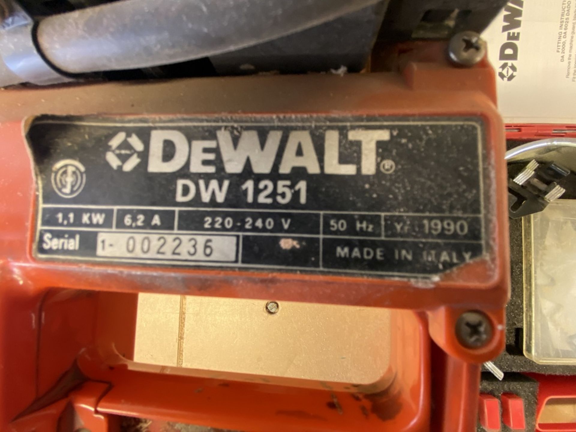 DeWalt DE1251 Pullover Cross Cut Saw, serial no. 1-002236, year of manufacture 1990, 240V, with - Image 5 of 6