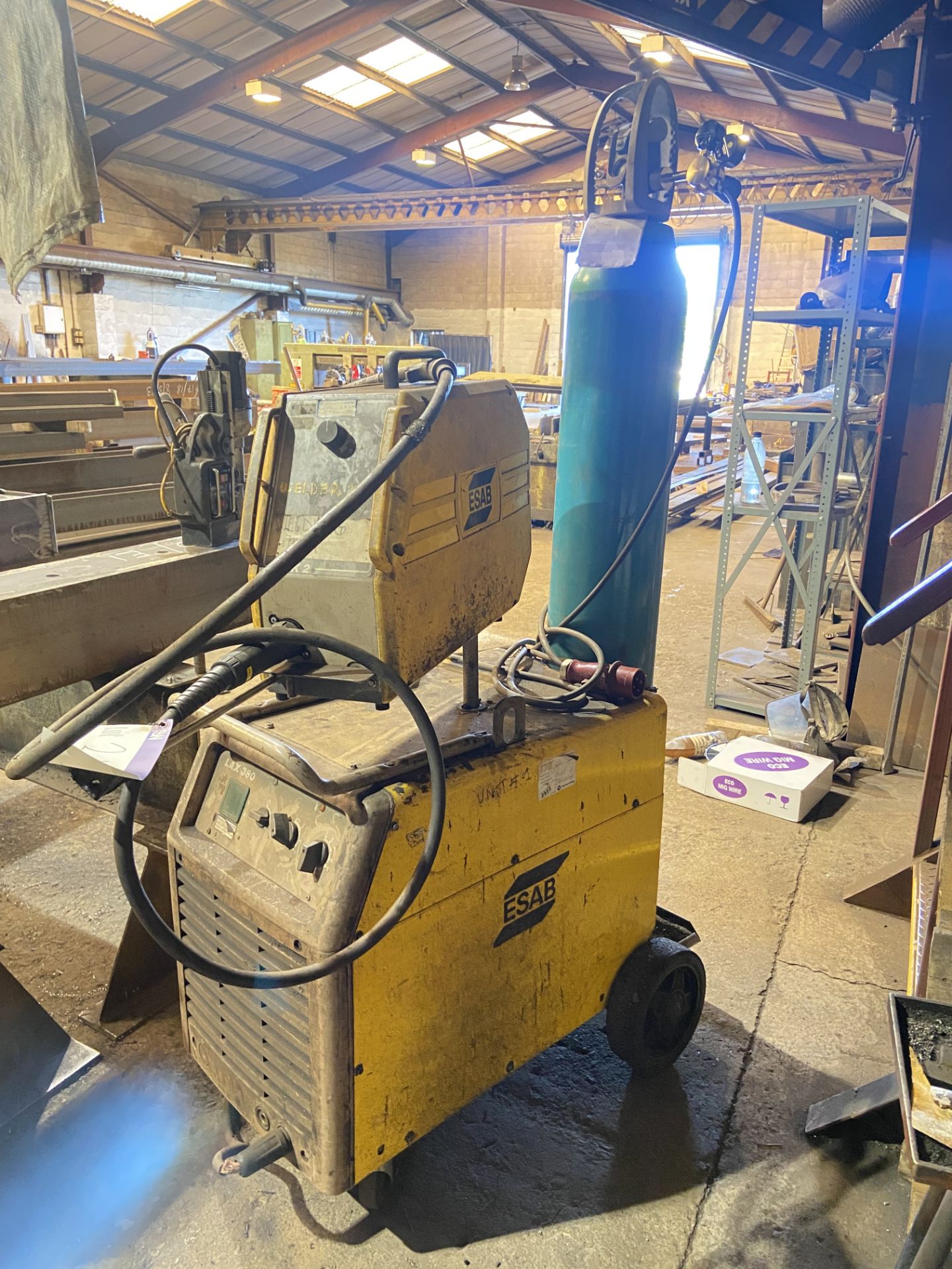 Esab LAX Mig Welder, with MEK2 wire feed unit, welding gun, pipe work and gauge, 440V (bottle