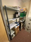 Contents of Store Room, including two stock racks, office requisites, four drawer steel filing