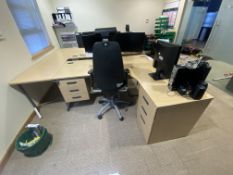 Contents of Office Furniture, including three oak laminated cantilever framed desks, two steel