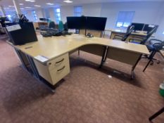 Two Curved Front Oak Laminated Cantilever Framed Desks, with two cantilever framed desks Please read