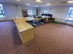 Four Curved Front Oak Laminated Cantilever Framed Desks, with two cantilever framed desks, four desk