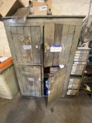 Double Door Timber Cabinet, with assorted aerosols and welding wire (excluding tooling) Please