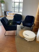 Three Fabric Upholstered Reception Chairs, with circular table Please read the following important