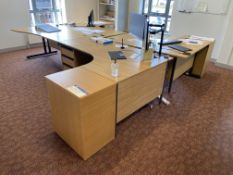 Four Curved Front Oak Laminated Cantilever Framed Desks, with three desk pedestals Please read the