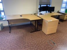 Four Curved Front Oak Laminated Cantilever Framed Desks, with three desk pedestals Please read the