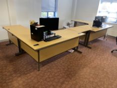 Two Curved Front Oak Laminated Cantilever Framed Desks, with three cantilever framed desks Please