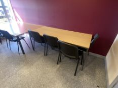 Two Steel Framed Oak Laminated Tables, with six fabric upholstered stand chairs Please read the