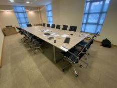 Two Section Oak Laminated Meeting Table, approx. 4.8m x 1.6m, with 14 leather effect upholstered