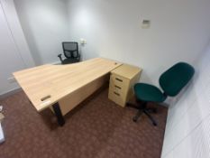 Contents of Office, including oak laminated cantilever framed desk, two fabric upholstered swivel