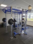 Modular Steel Framed Jungle Gym Rig with Olympic Bar and Supports, Four Medicine Balls, Ropes,