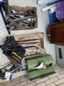 Assorted Tools, in two cardboard boxes and one steel toolbox, including spanners, tool belts,
