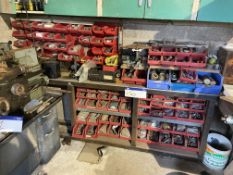 Steel Framed Rack / Bench, with contents including fixings, plastic stacking bins etc. (note - no