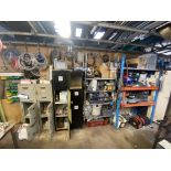 CUPBOARDS, RACKS & CABINETS, along remainder of wall, with assorted spares throughout Please read