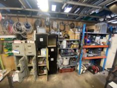 CUPBOARDS, RACKS & CABINETS, along remainder of wall, with assorted spares throughout Please read