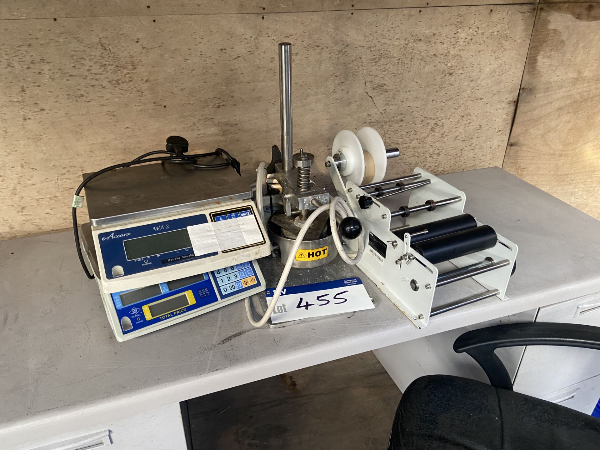 Label Winder, with hot stamp unit and two electronic bench scales Please read the following