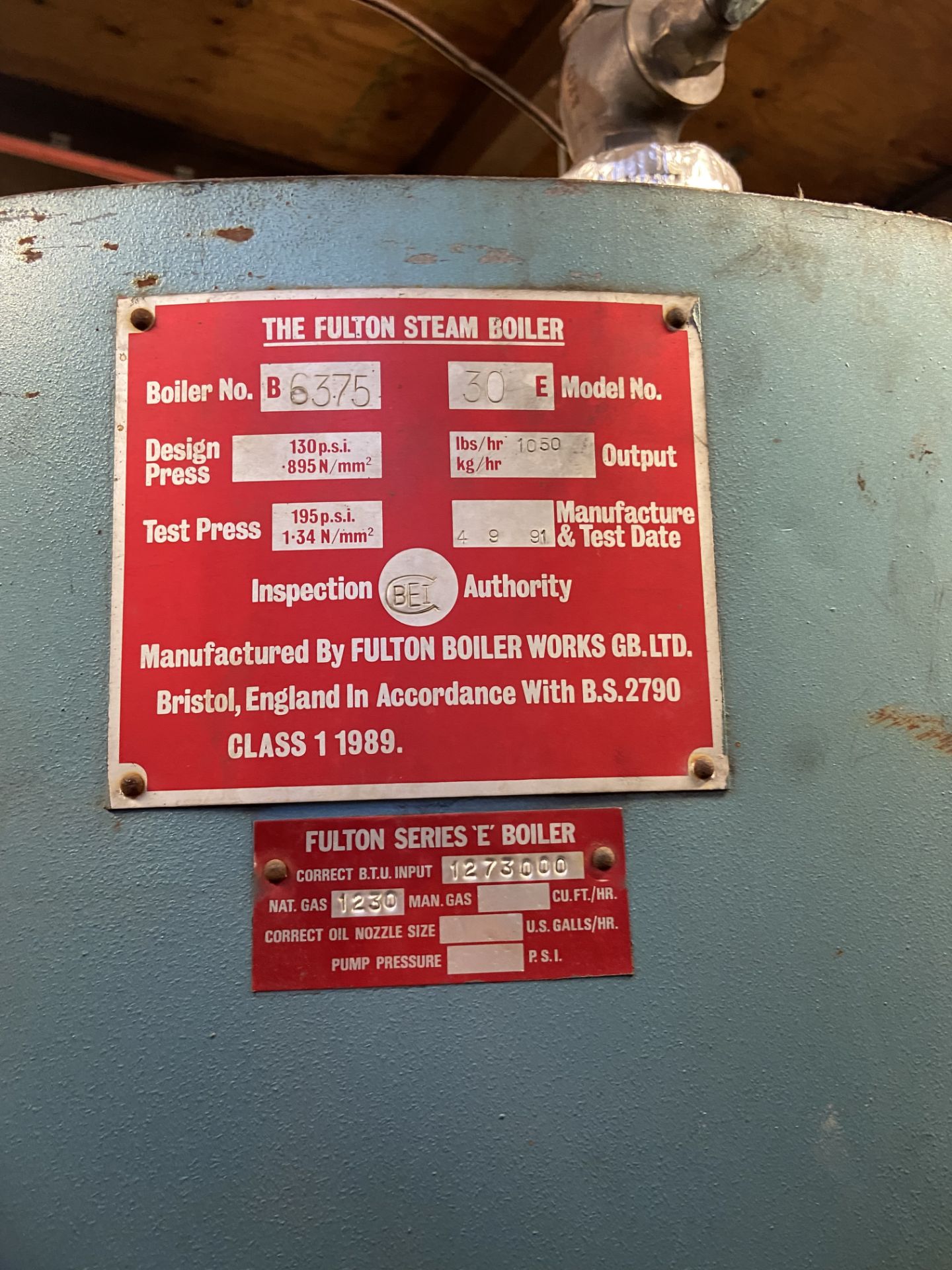 Fulton 30E VERTICAL OIL FIRED BOILER, boiler no. B6375, manufacture and test date 1991, 10,500 - Image 6 of 6